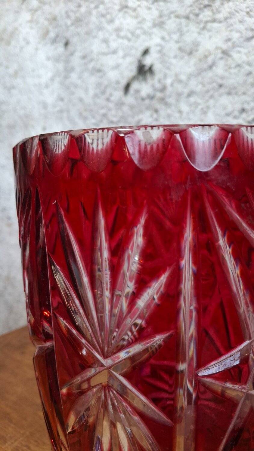 Large ruby red cut crystal vase – Central Europe 1950s