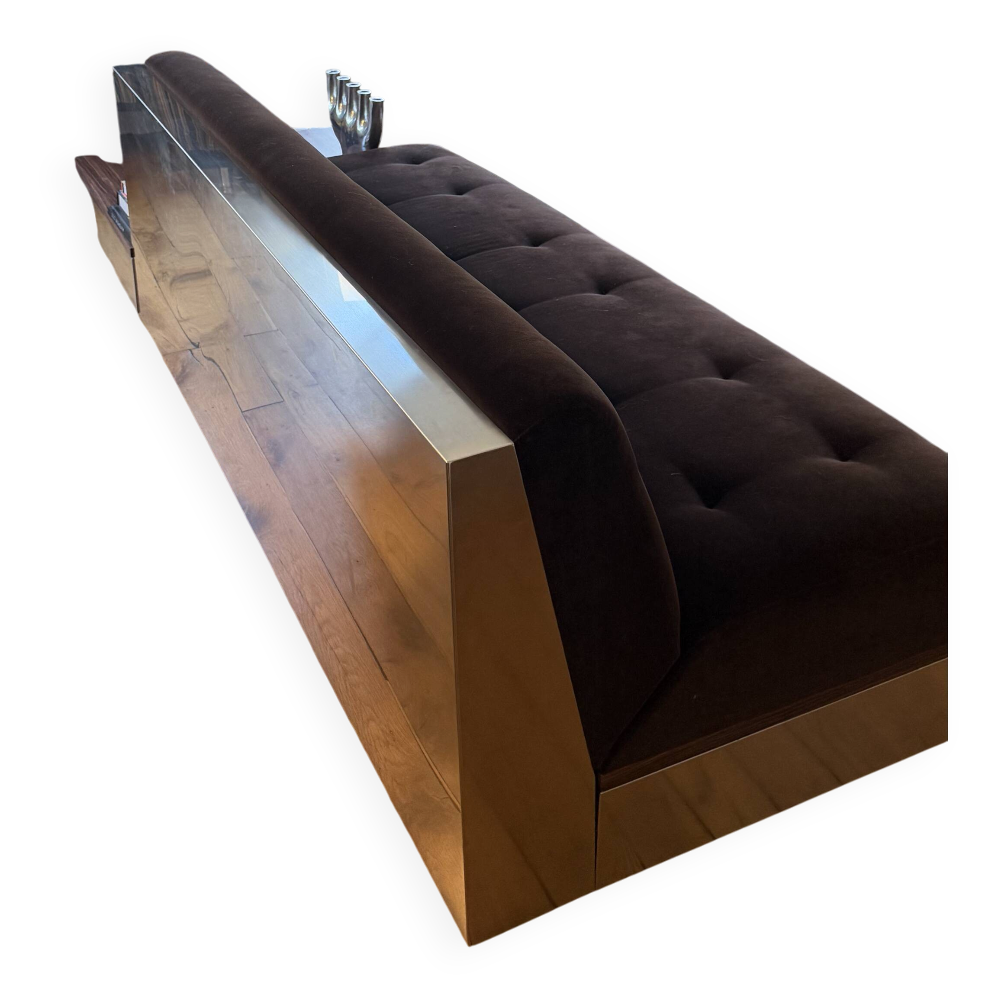 Red Edition Stanley 3-seater sofa with matching chocolate velvet storage.