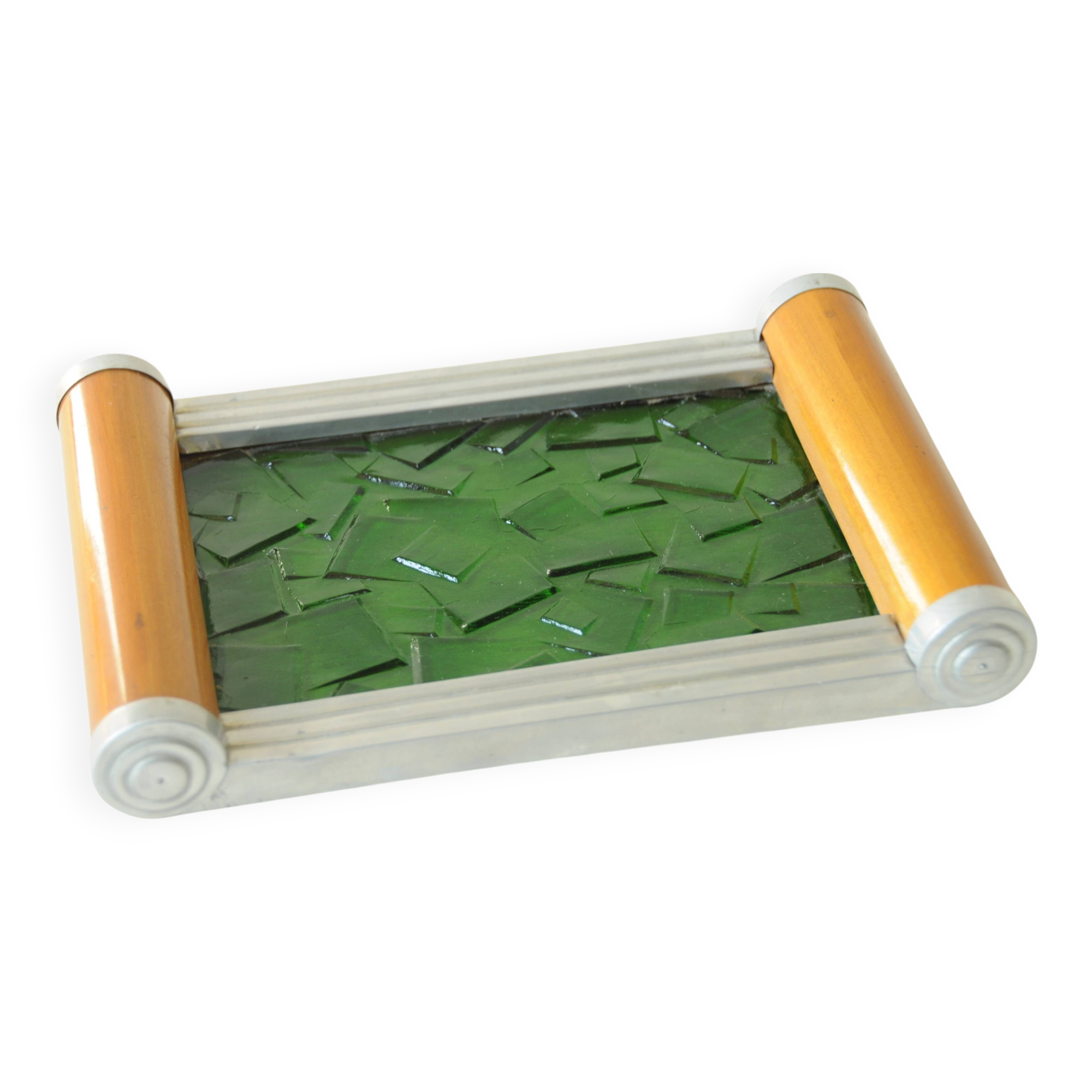 Original Art Deco vintage design plateau in green glass, wood and aluminium.