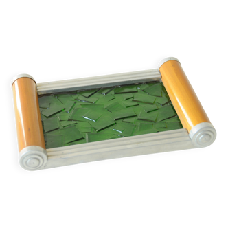Plateau vintage design art déco original en verre vert, bois et aluminium