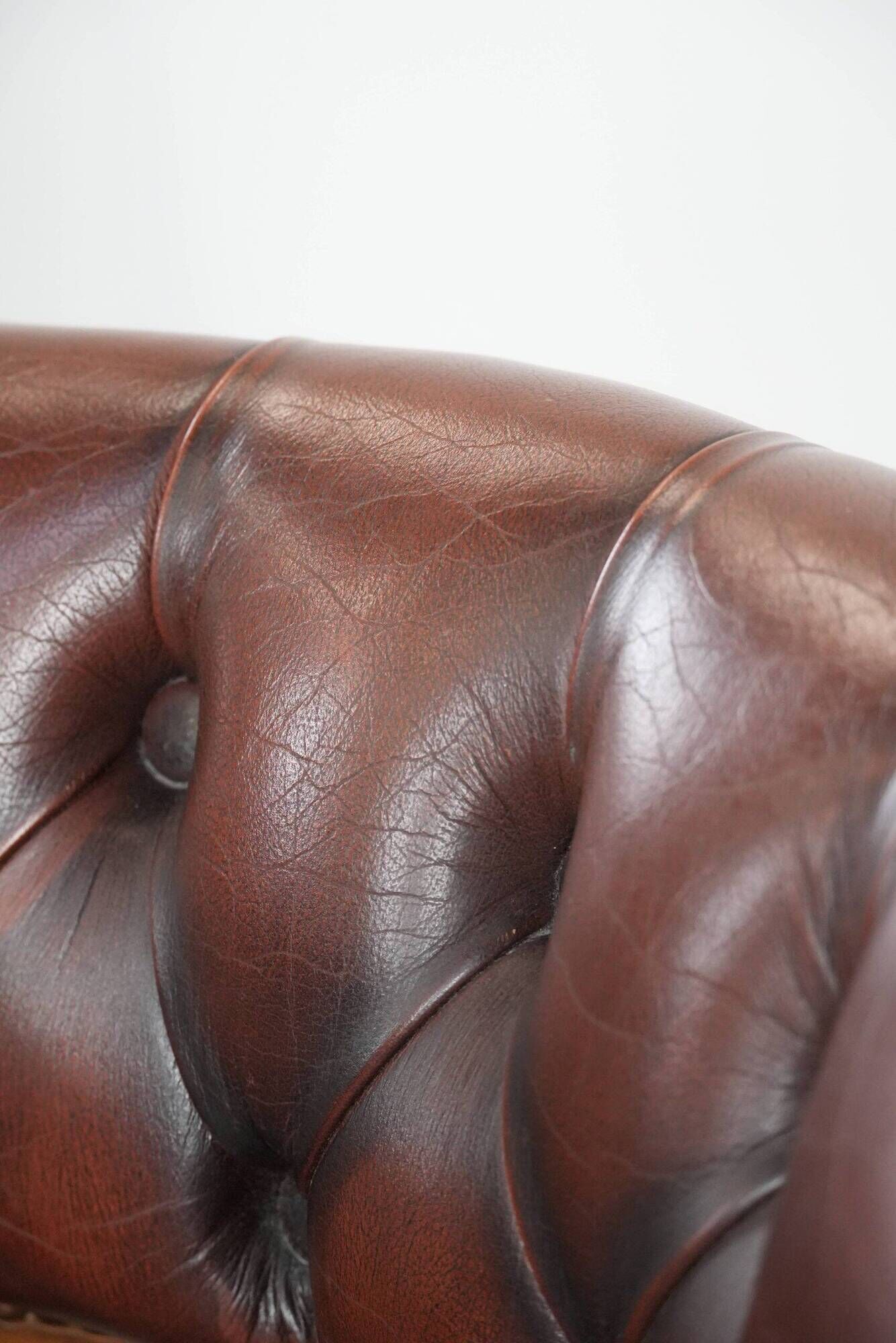 Set of two brown leather Chesterfield dining chairs in English style.