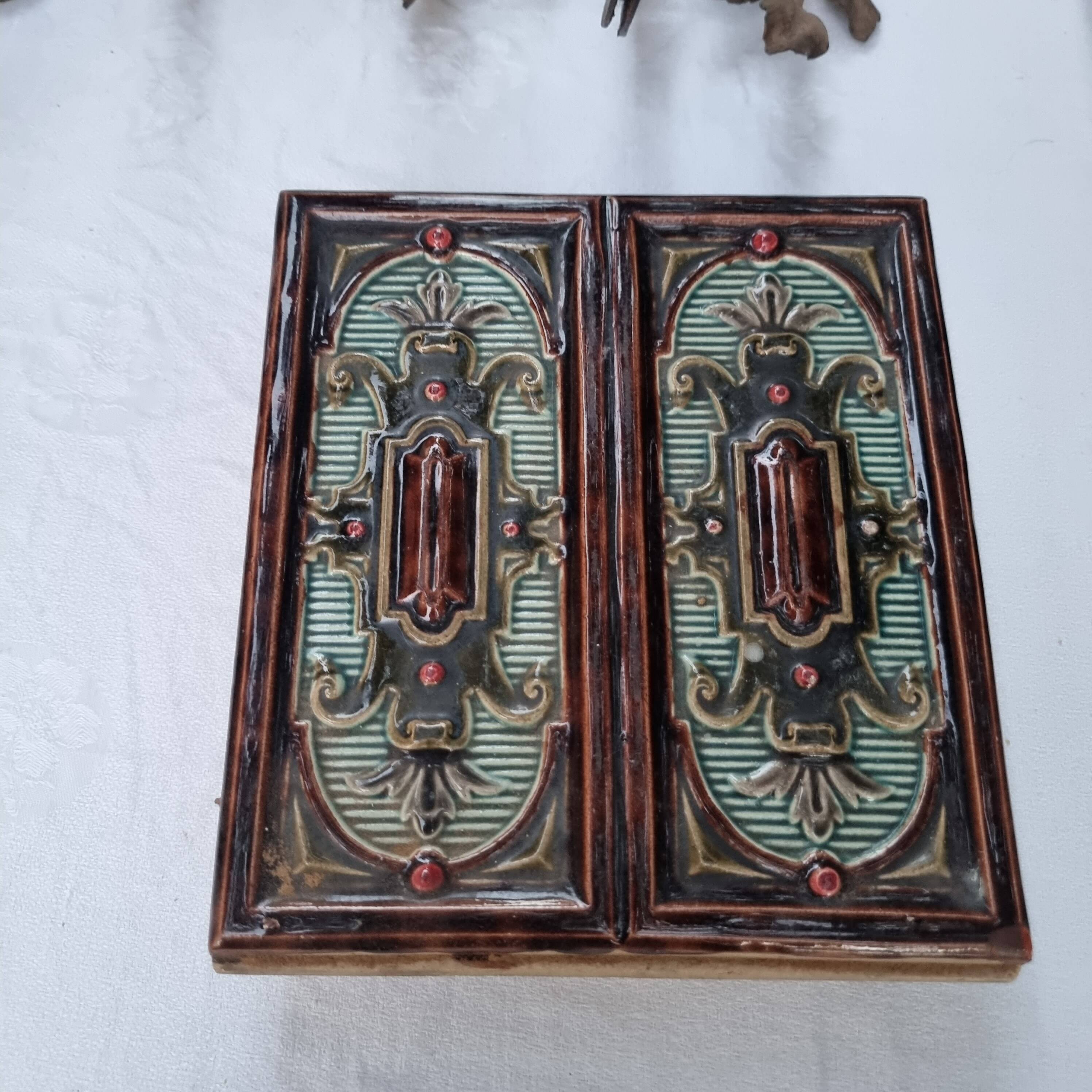 Antique Art Nouveau glazed earthenware tile from the 19th century