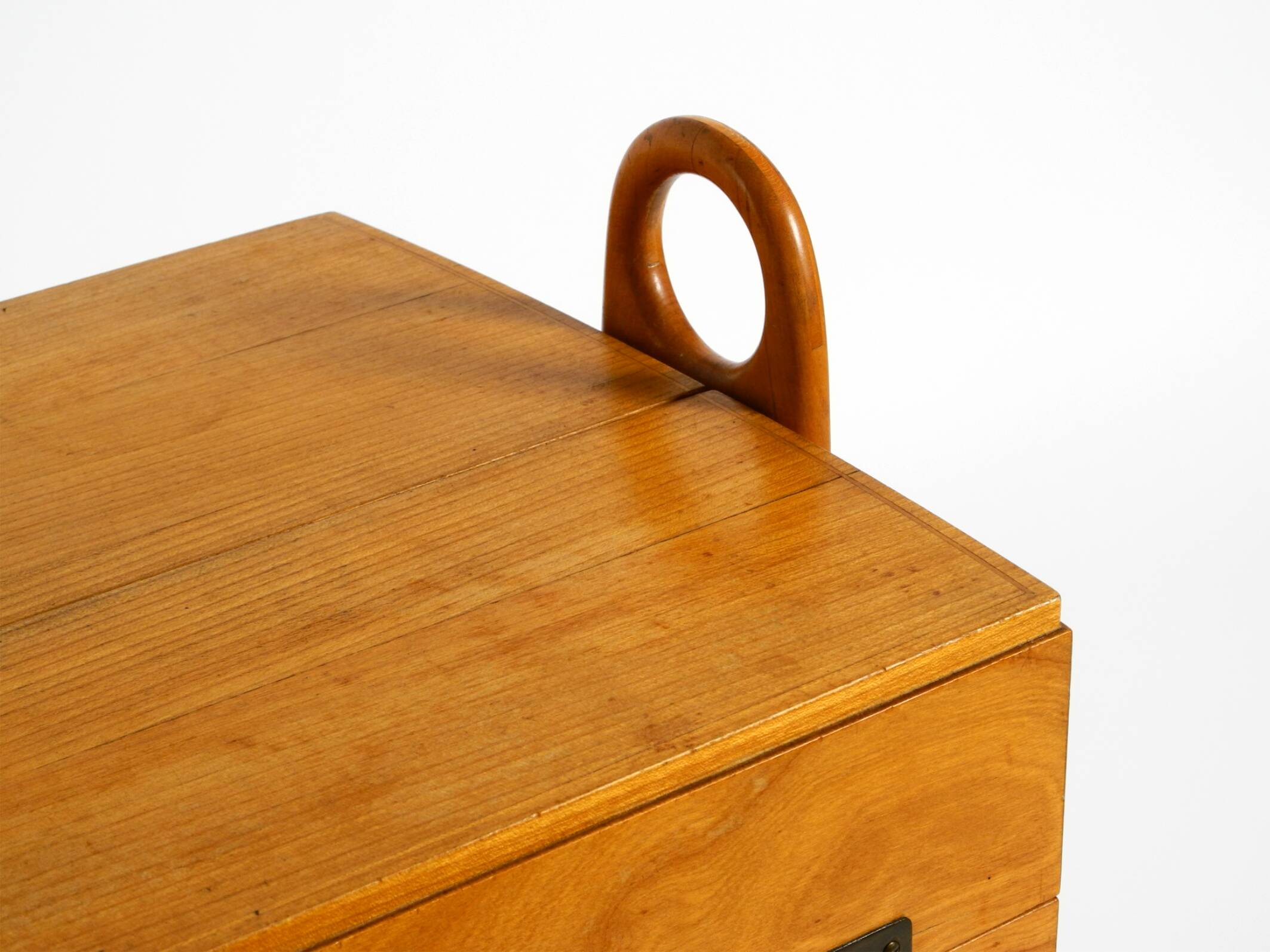 1950s ash wood sewing box, with a hinged top, multiple compartments