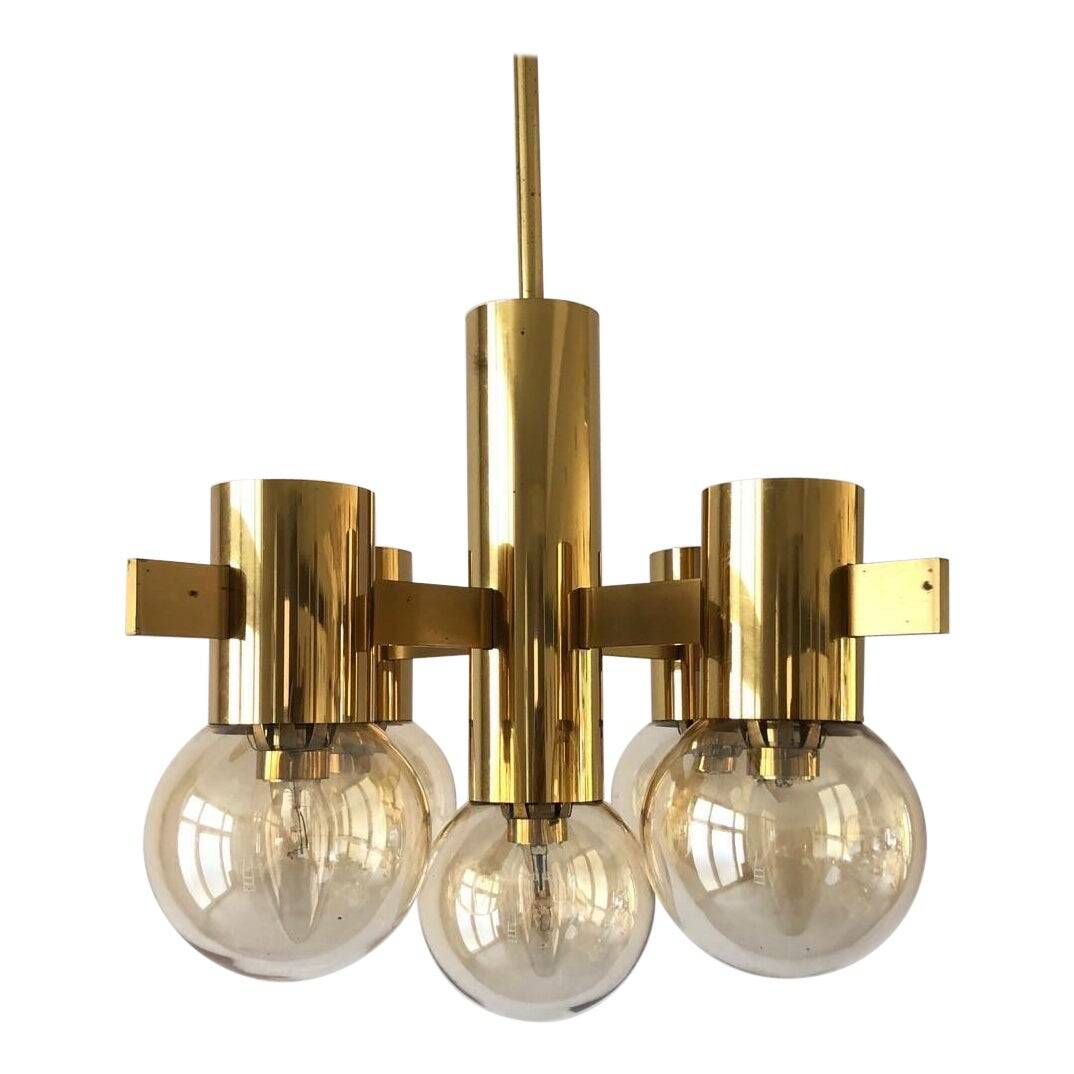 Lustre en laiton et verre fumé attr. H. Agnes Jacobsson, années 1960, Suède