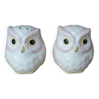 Ensemble salière poivrière chouette hibou en céramique blanche et rose vintage japon