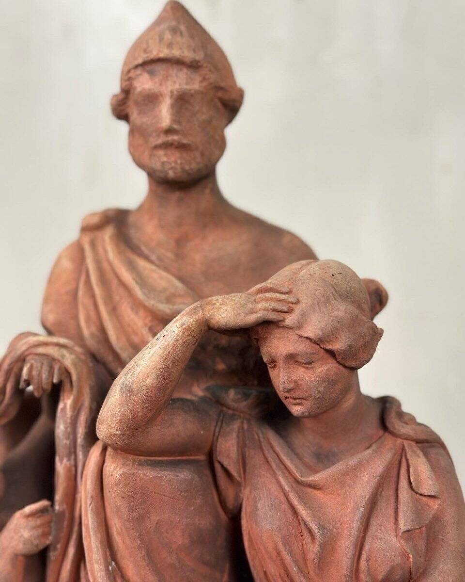 The sculpture, original terracotta signed and dedicated, Charles Van Oemberg.