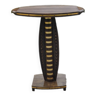 Art deco style pedestal table in beech and gold metal