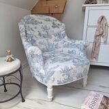 Fauteuil crapaud toile de Jouy bleu