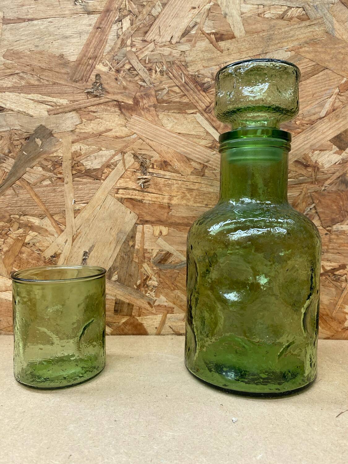 Old Orangeade Carafe Service + 6 Green Molded Glass Glasses 1970 Vintage