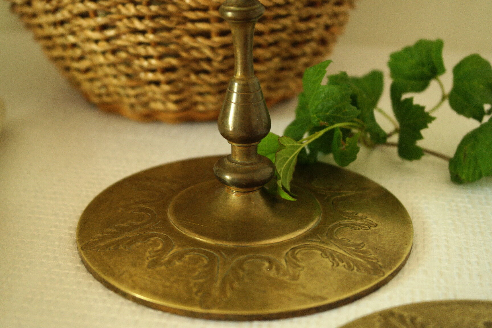 Pair of vintage engraved brass candle holders
