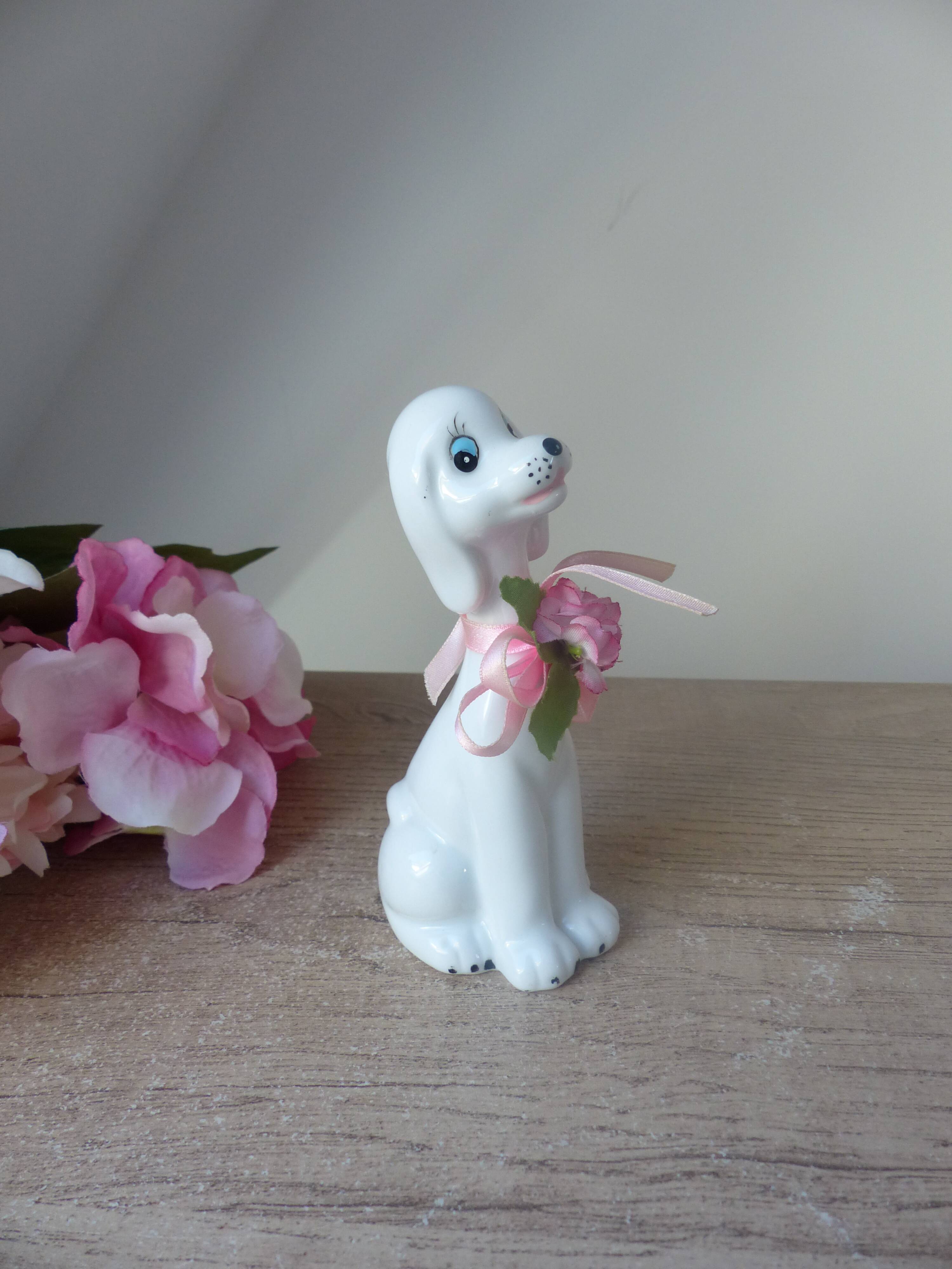 Vintage Small Romantic Ceramic Dog Figurine with Pink Flower Fabric Ribbon