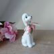 Vintage Small Romantic Ceramic Dog Figurine with Pink Flower Fabric Ribbon