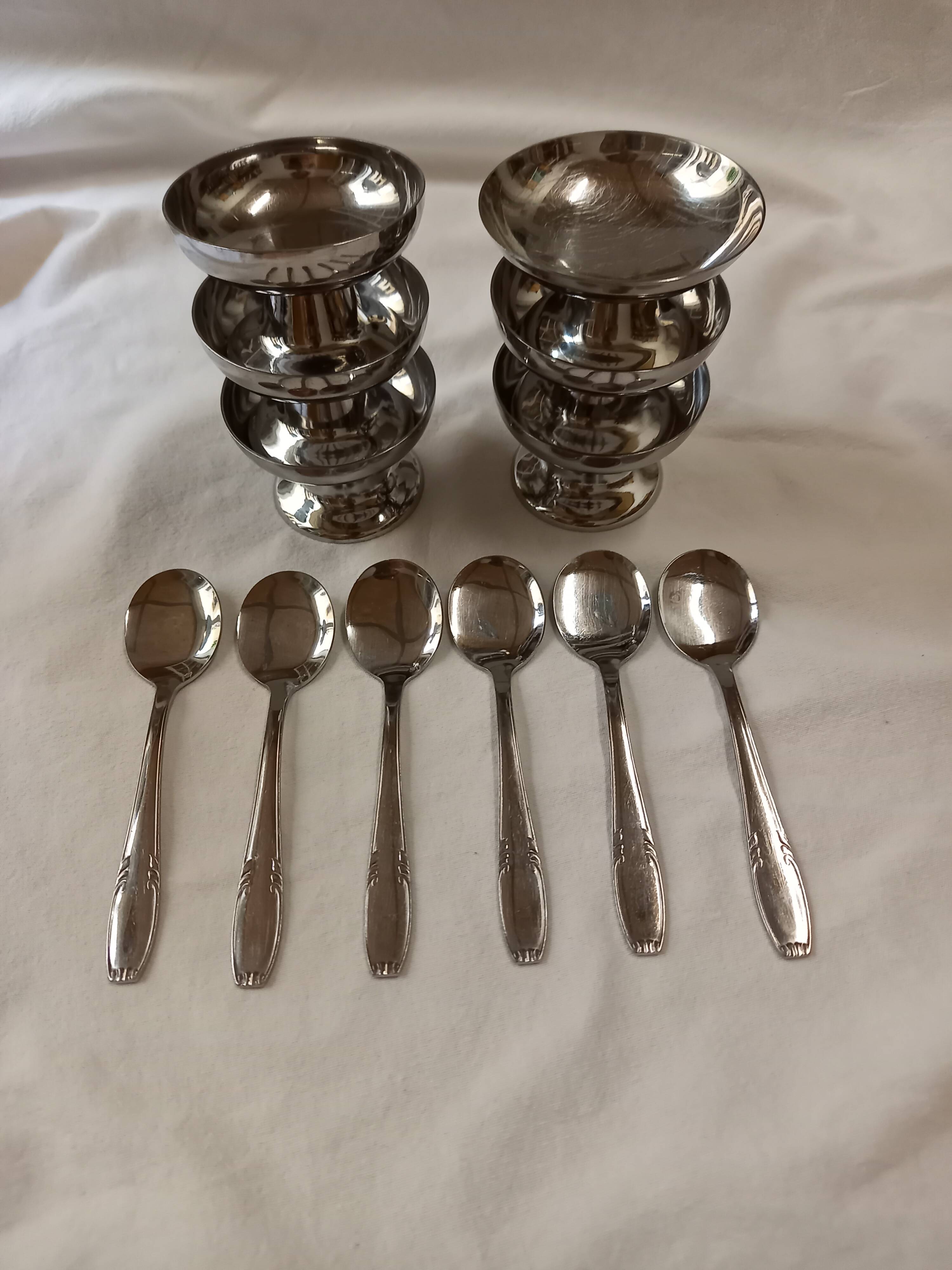 Set of 6 small Guy Degrenne stainless steel ice cream cups with 6 spoons
