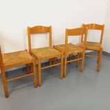 Set of 4 vintage brutalist chairs in light wood and straw from the 70s