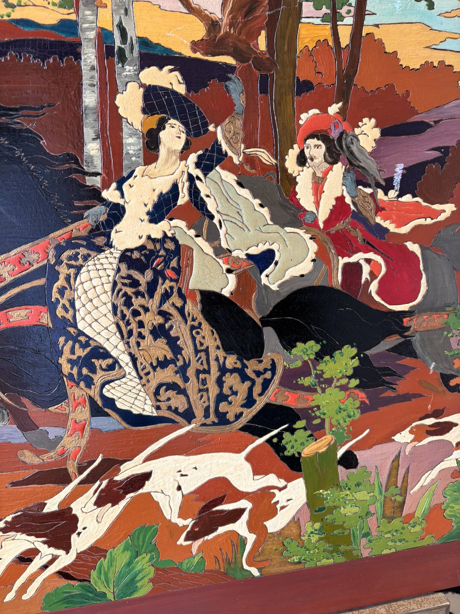 Table Painting Wood Carving Hunting Scene Dog Signed 130x70