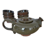 Antique stoneware teapot and its six signed bowls