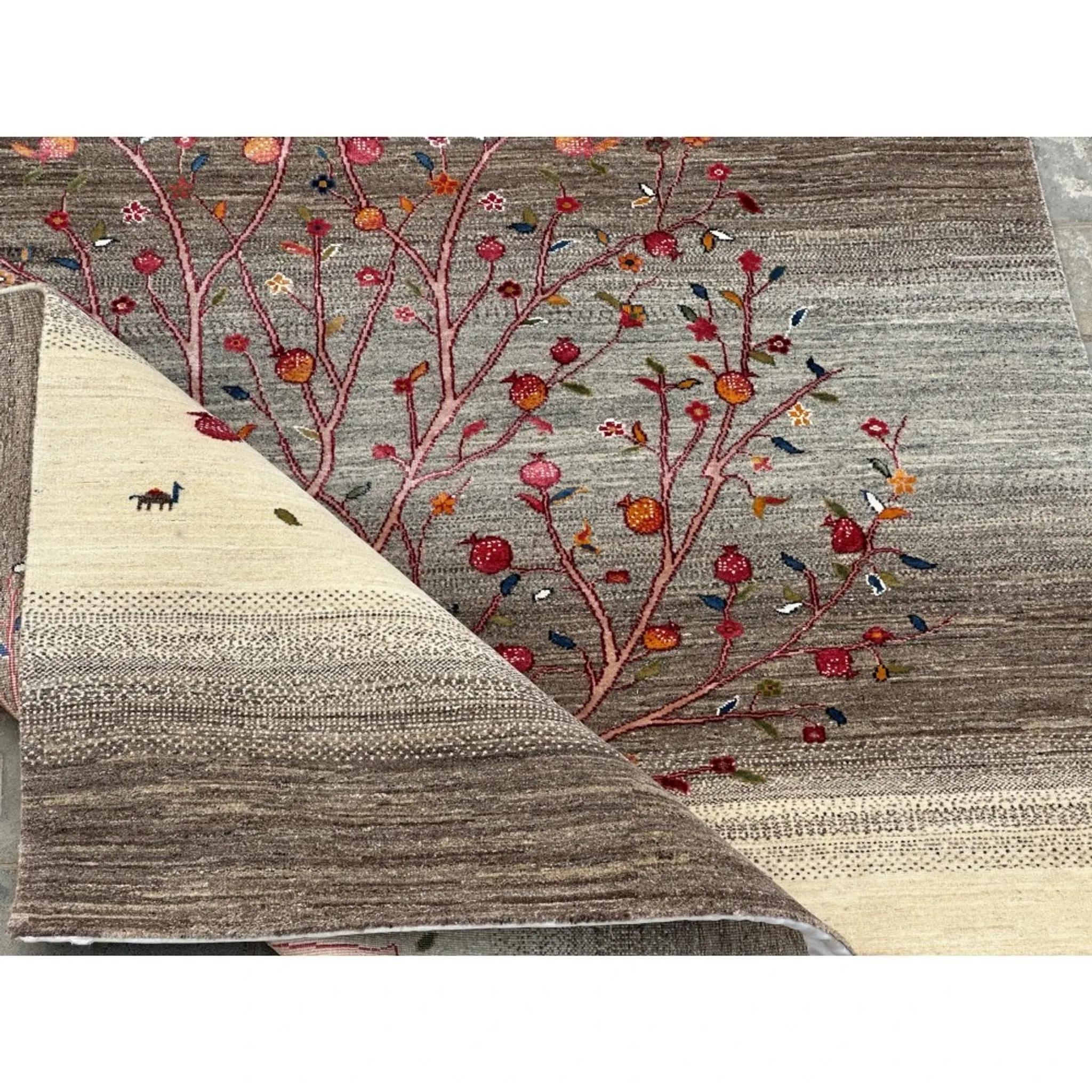 Hand-Knotted Wool Area Rug for Living Room, Tree Design Beige and Brown Carpet