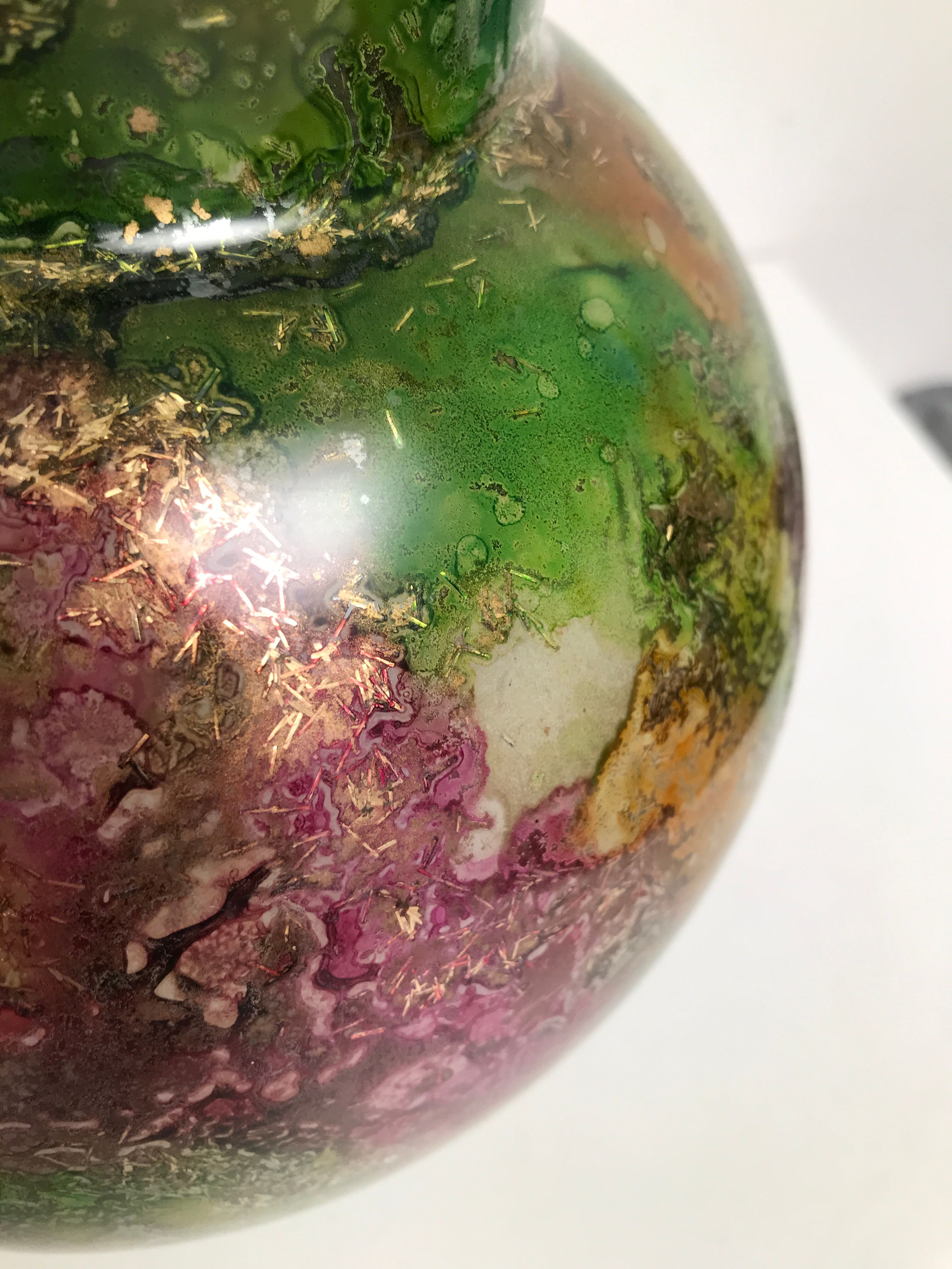 Linear lacquered glass vase 1970-1980 with internal decoration of gold oxides unique handmade piece