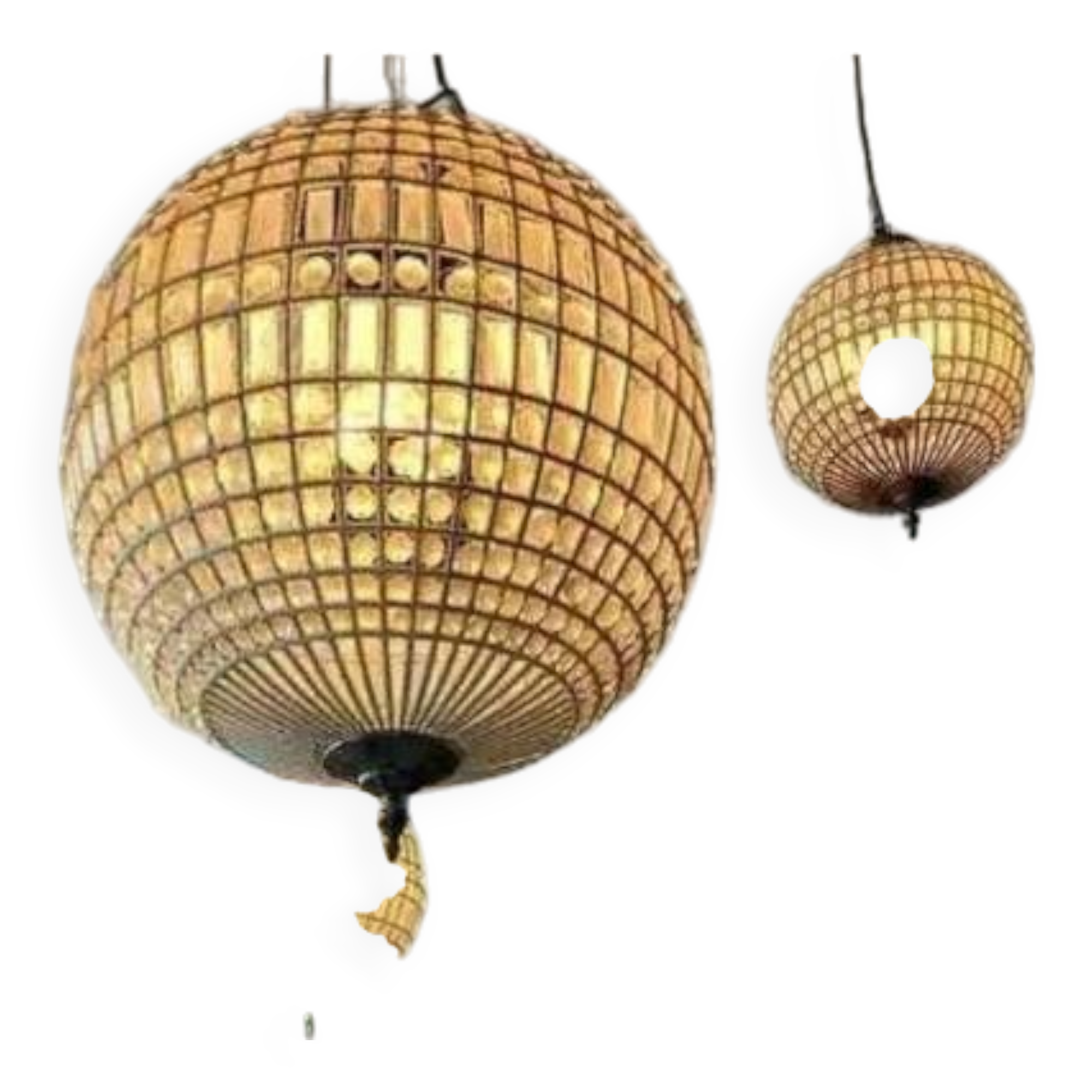 Spherical pendant light with crystal tassels and seed beads / vintage.