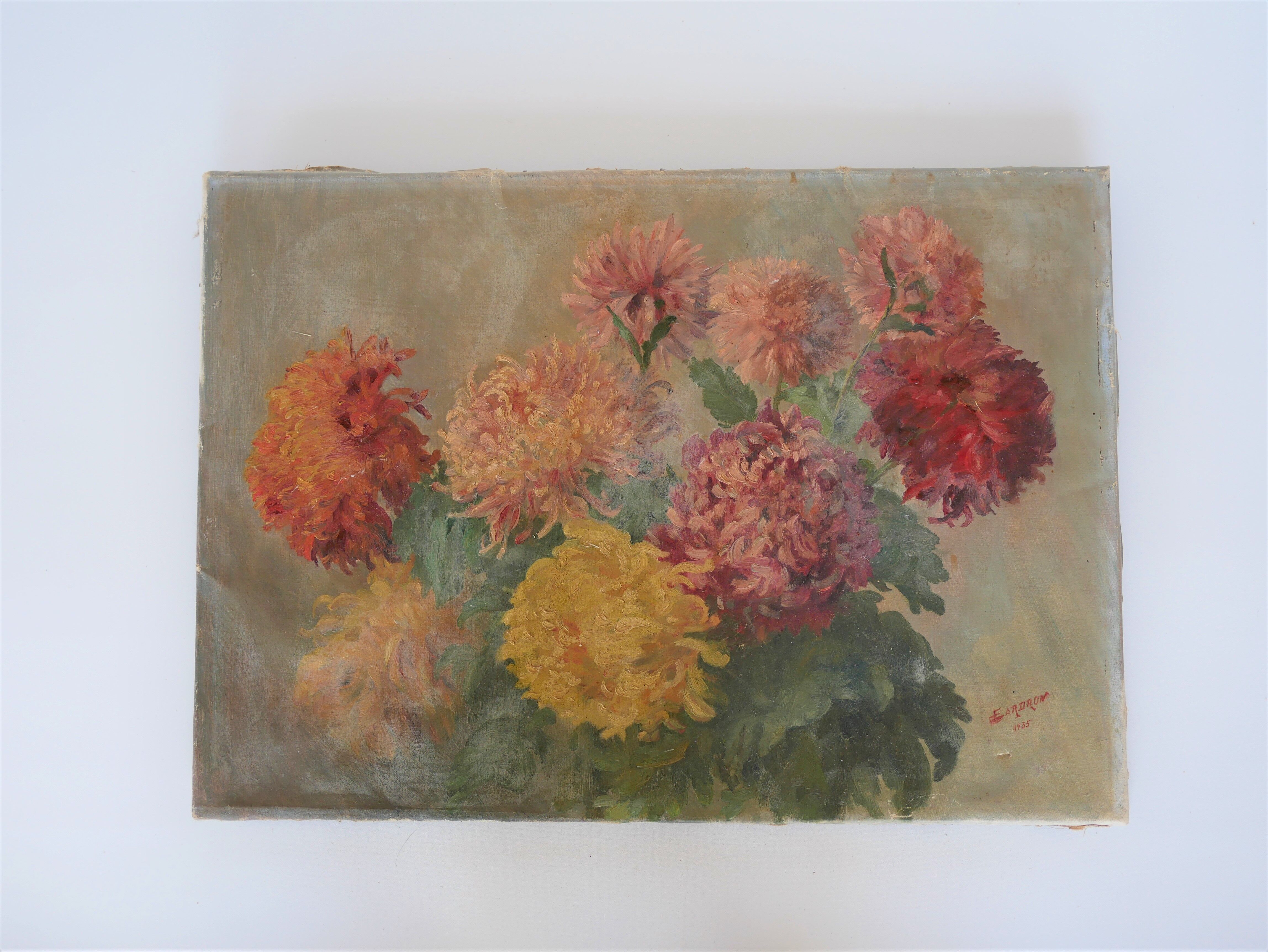 Table flowers oil on vintage canvas