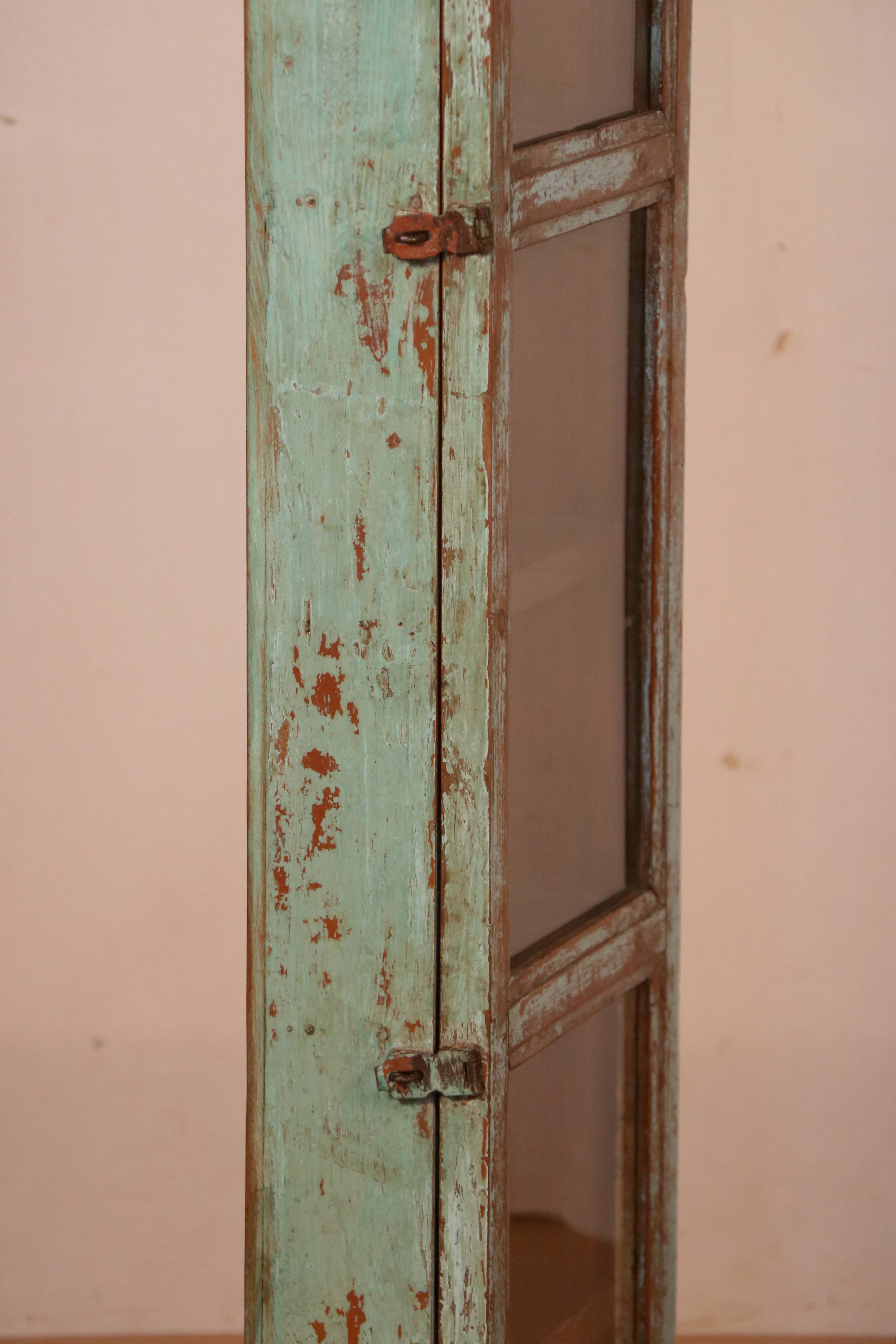 Old original Burmese teak wall display case with green patina
