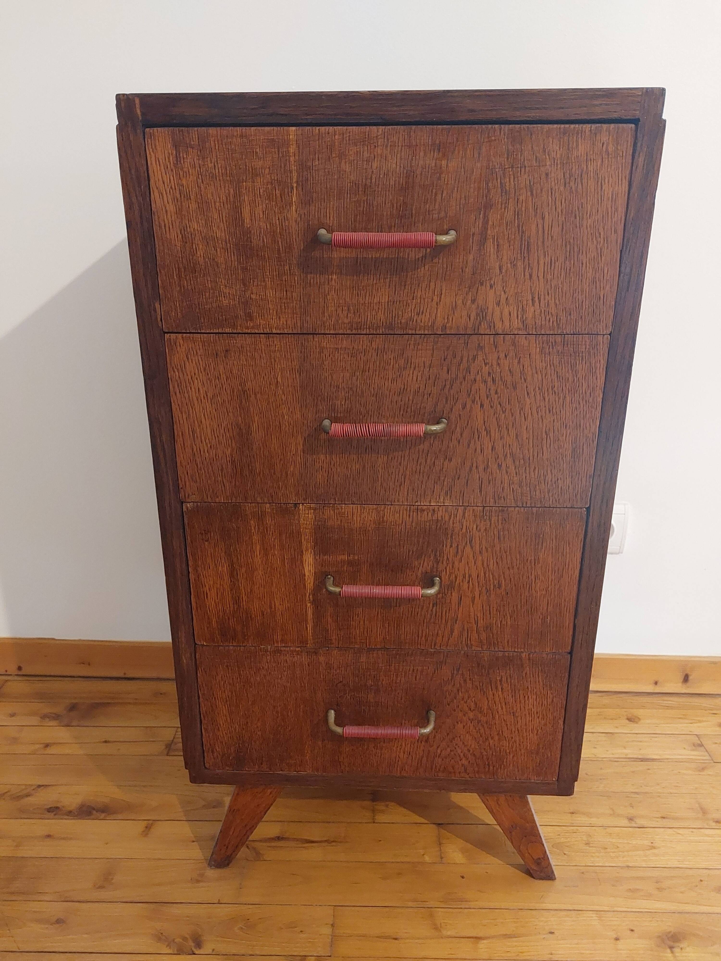 petite commode, chiffonnier, poignées scoubidou, pieds compas, vintage