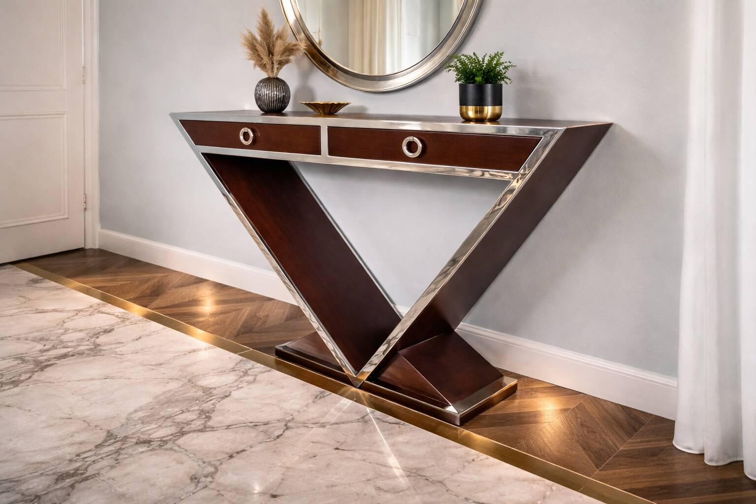 Console design 20th century, 2 drawers, walnut.