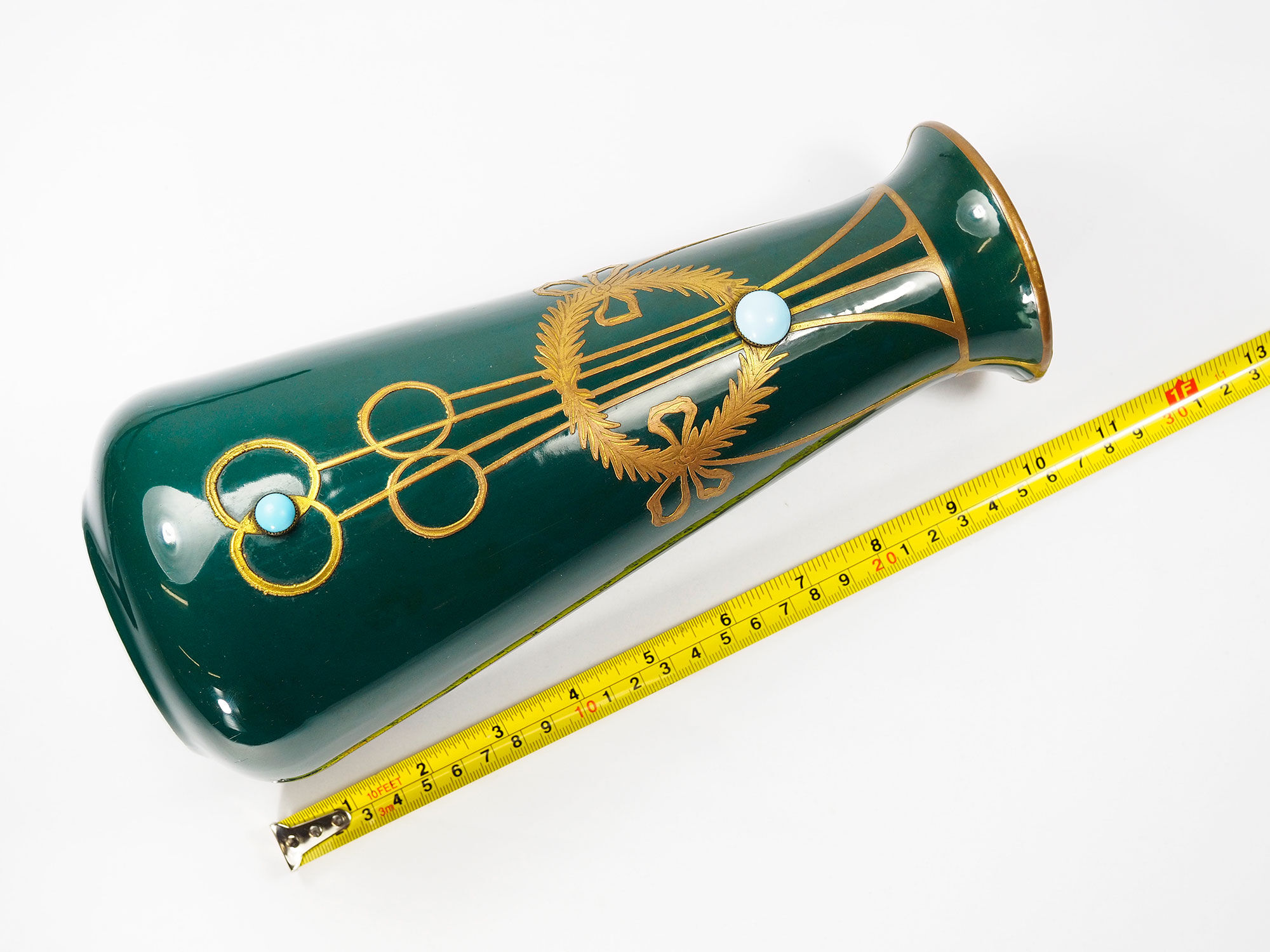 Antique secession vase in ceramic green glaze with copper & turquoise-1900s