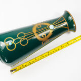 Antique secession vase in ceramic green glaze with copper & turquoise-1900s