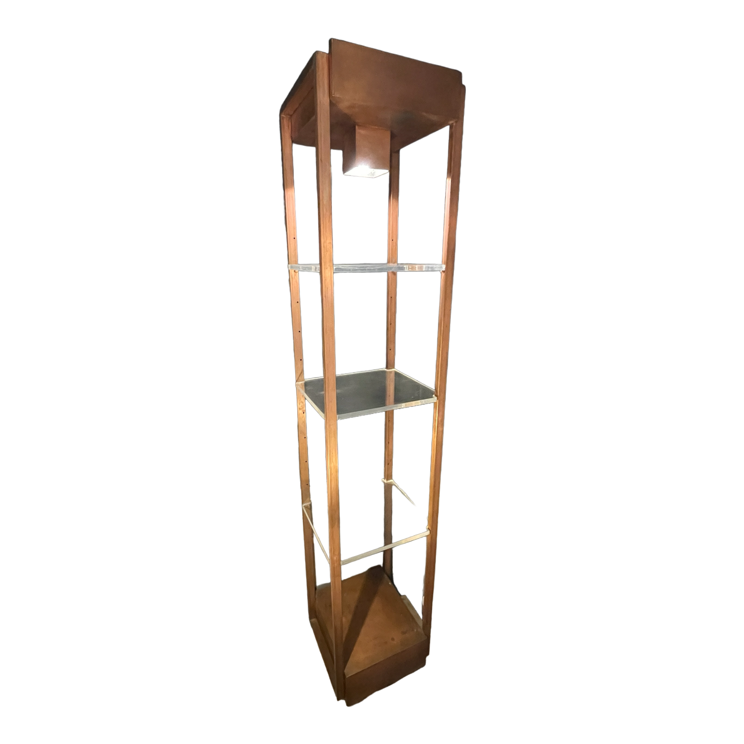 Vintage illuminated column shelf, copper steel, brutalist industrial design, ca 1970