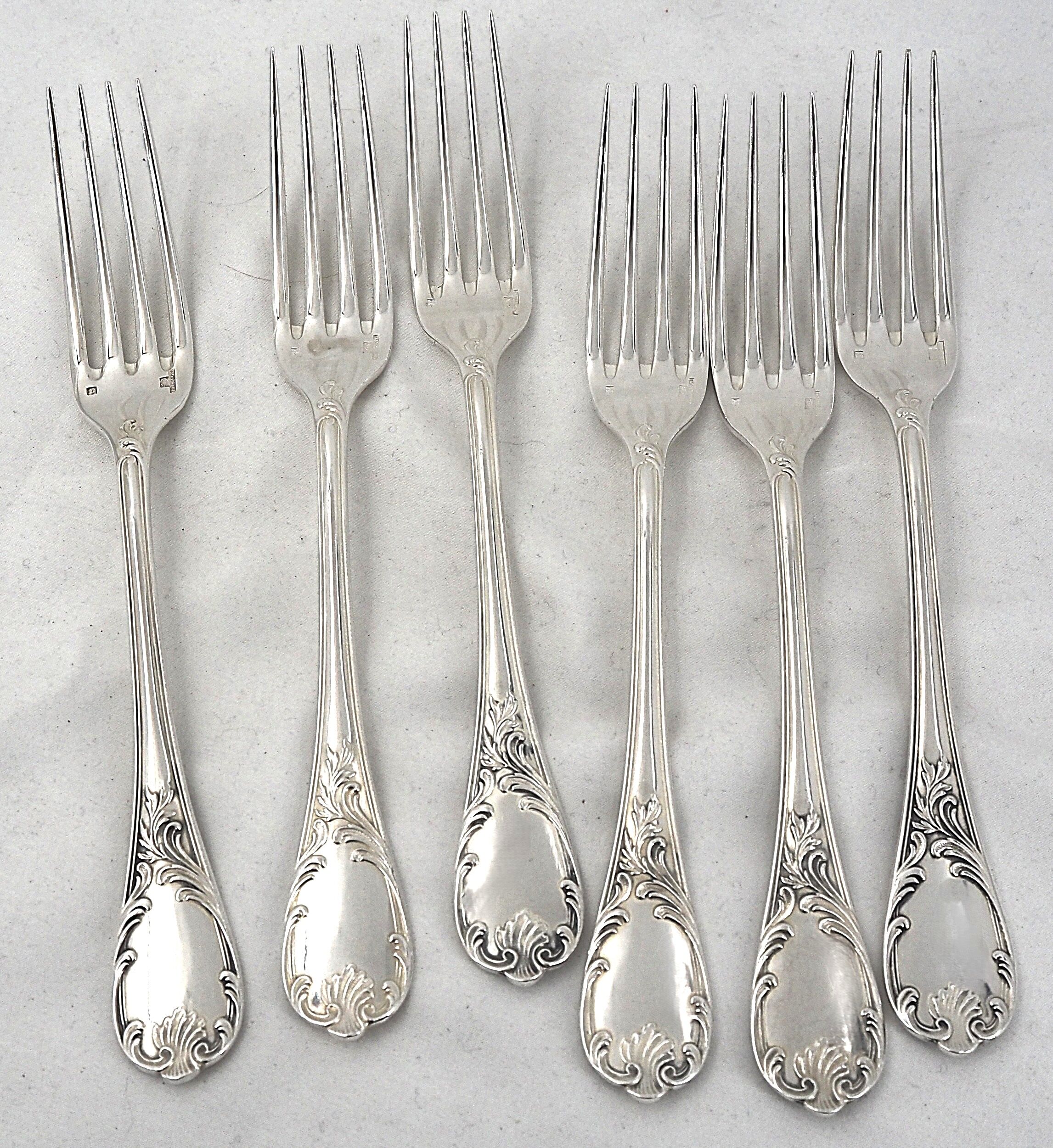 Christofle Marly, 6 table forks, 21.5 cm, in silver-plated metal.