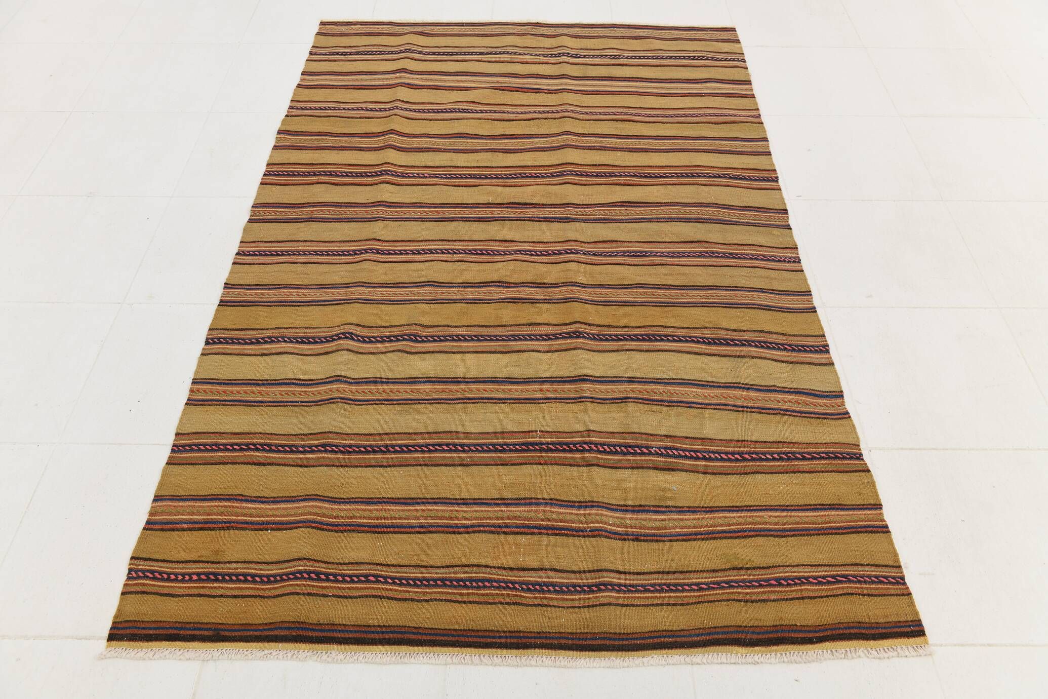 4x7 Bronze & Red Striped Handmade Vintage Kilim Rug, 130x218Cm