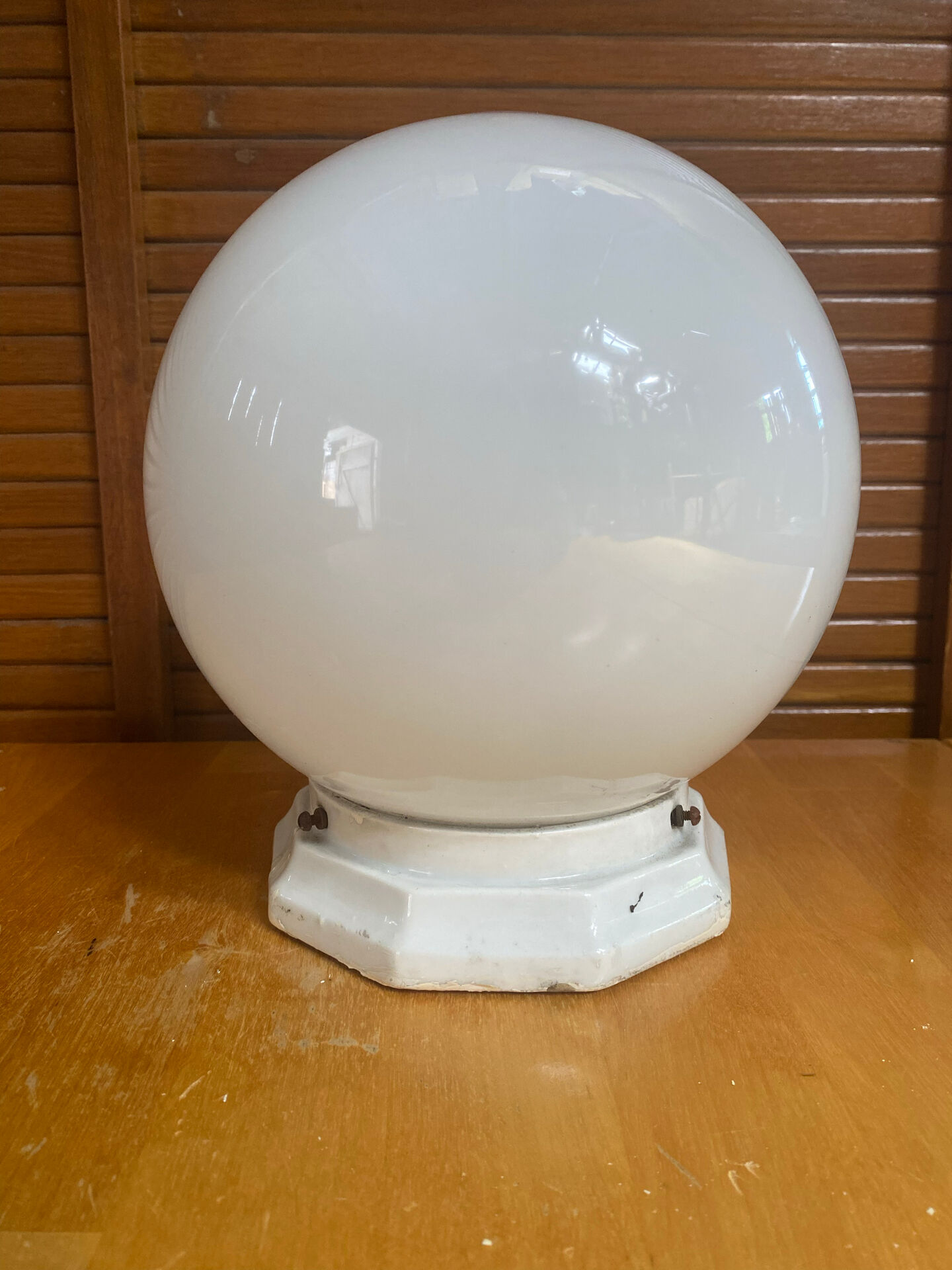 Antique Ceiling Light White Opaline Ball + Porcelain Support