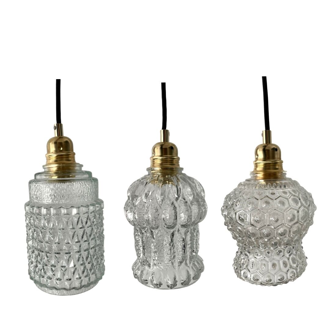 Set of three vintage electrified glass pendant lamps