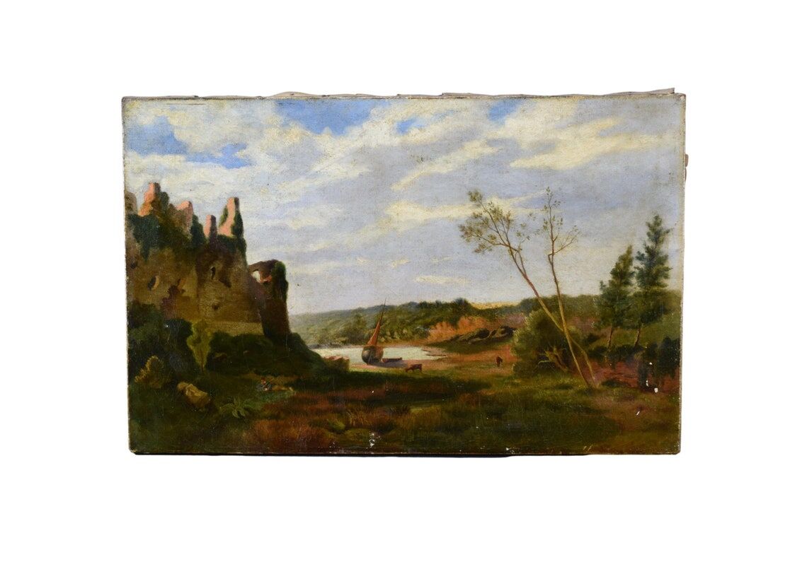 Old painting french pastoral school boat