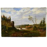 Old painting french pastoral school boat