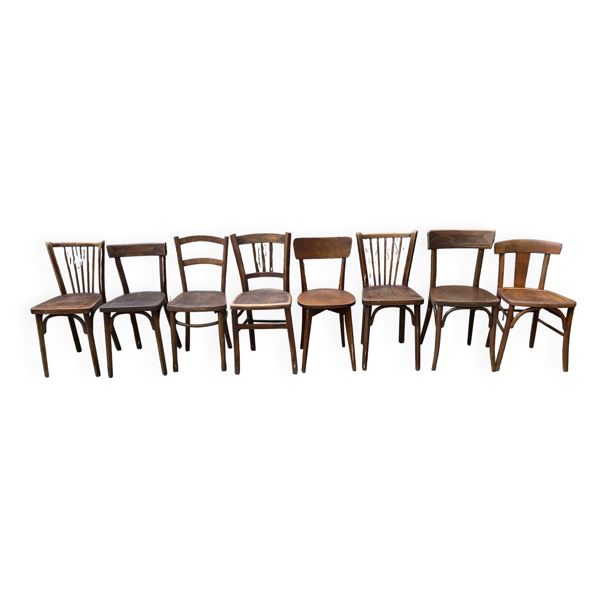 Set of 8 vintage bistro chairs, 50s, 60s, dark oak.