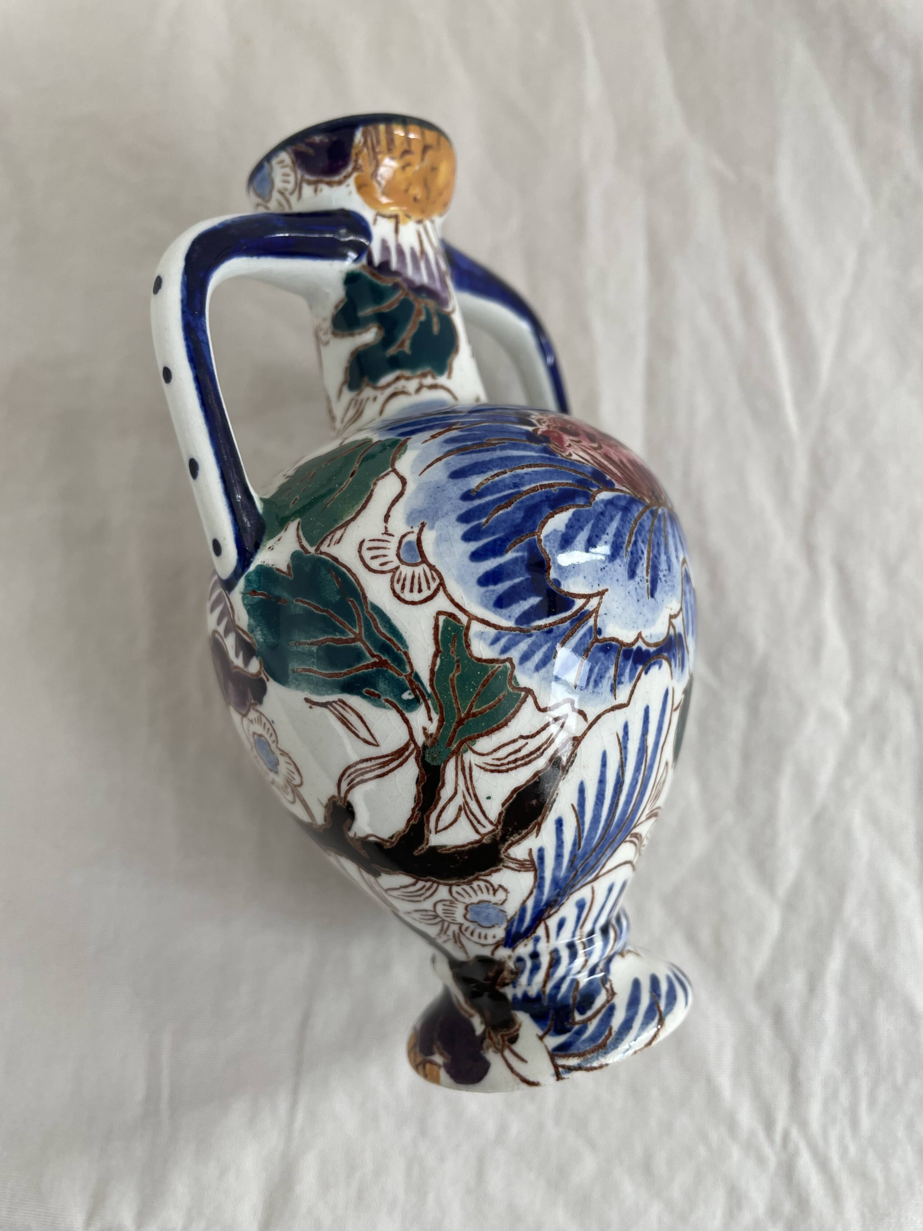 Gien earthenware vase, Peony model, vintage, polychrome floral decoration