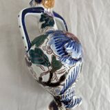 Gien earthenware vase, Peony model, vintage, polychrome floral decoration
