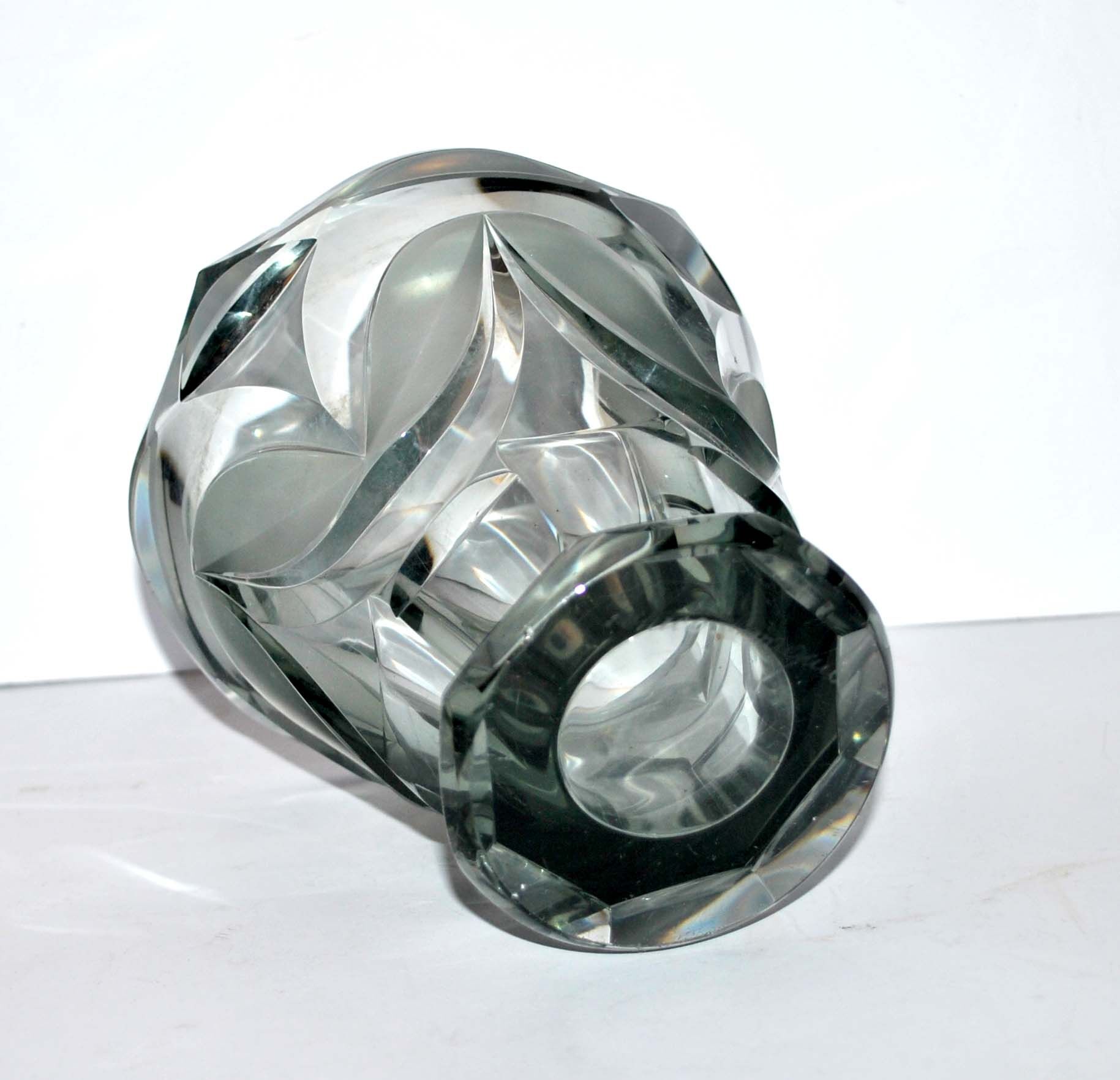Art deco vase in grey glass engraved with acid czechoslovakia 1920