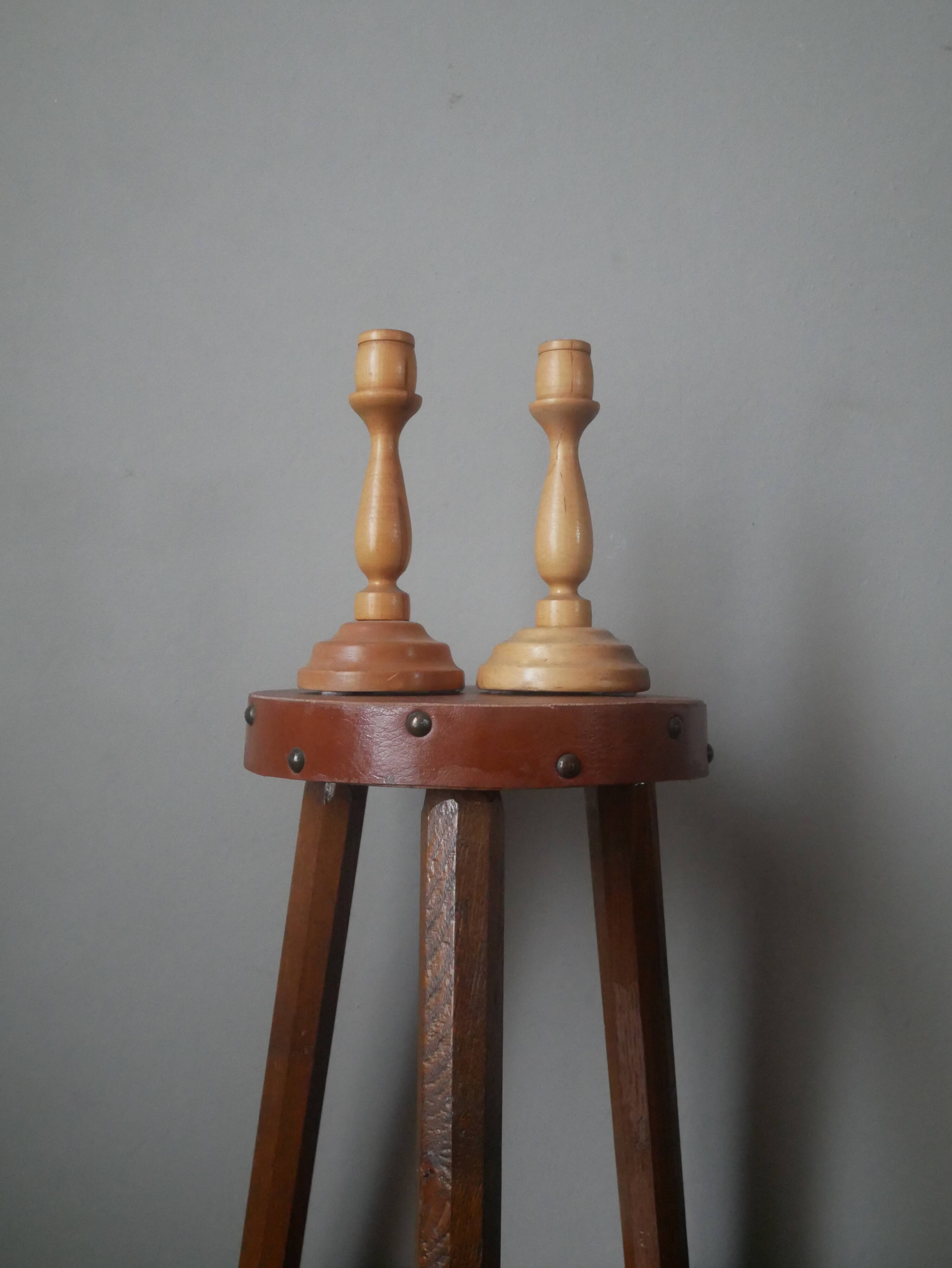 Pair of turned wooden candlesticks, handcrafted, Scandinavian country decoration