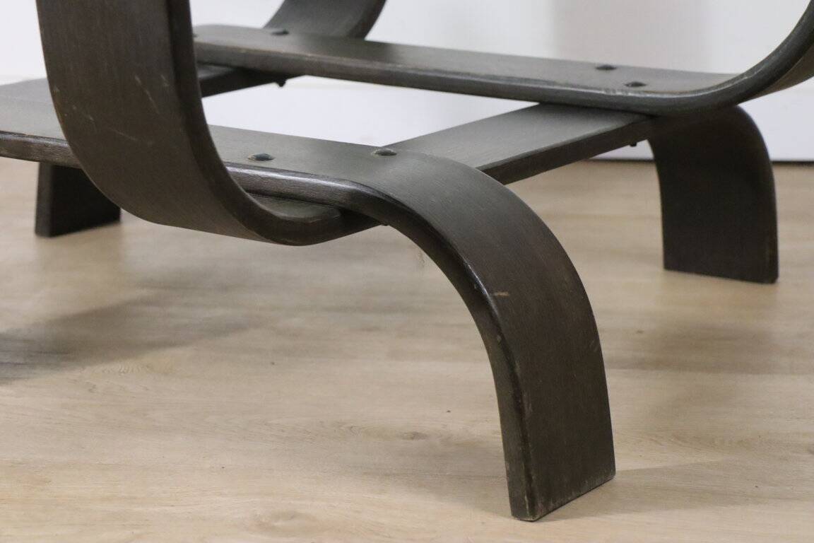 Vintage Fubo coffee table – curved wood & smoked glass – 1970s