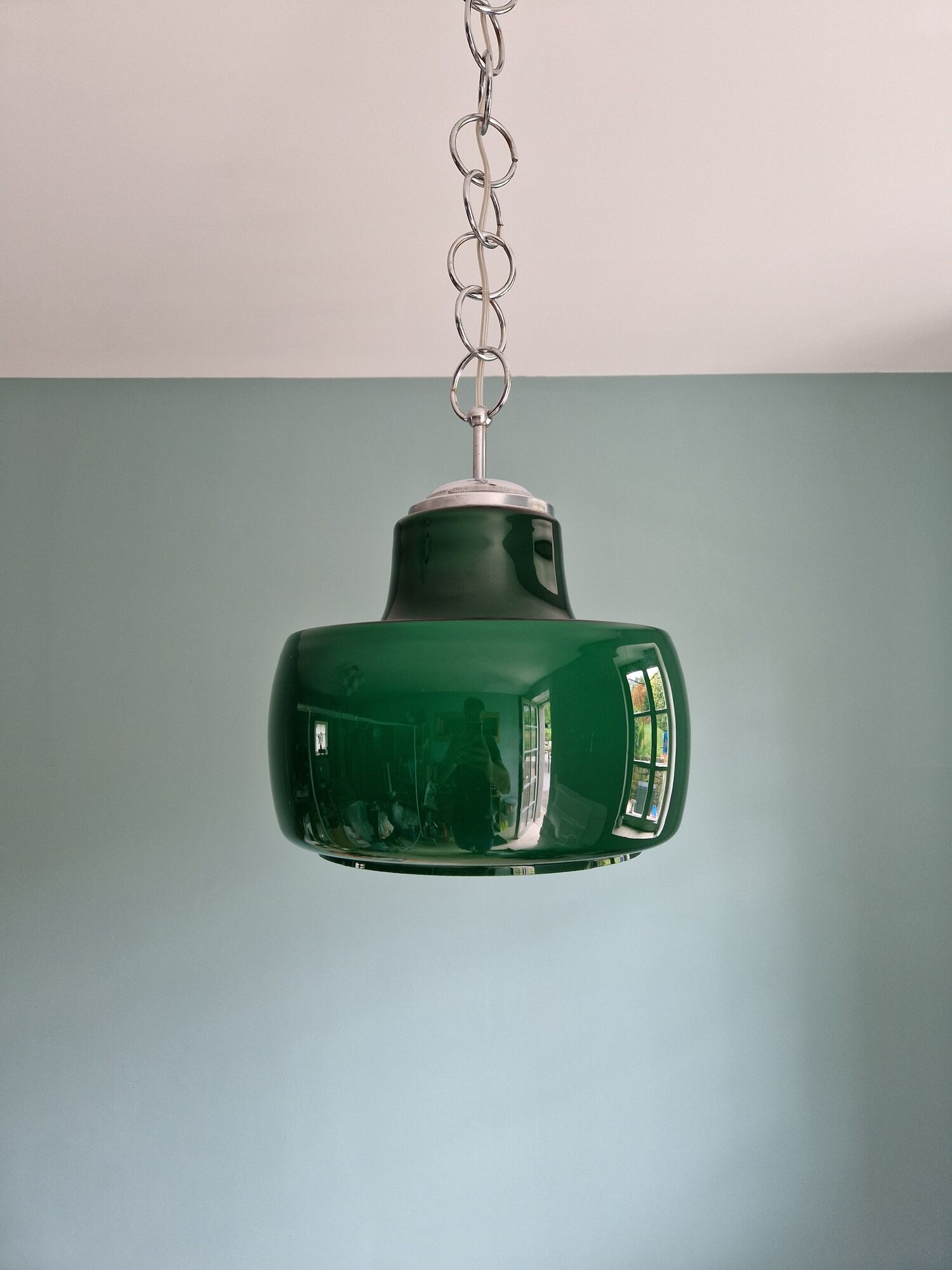 Large vintage pendant lamp in green opaline, 1970s