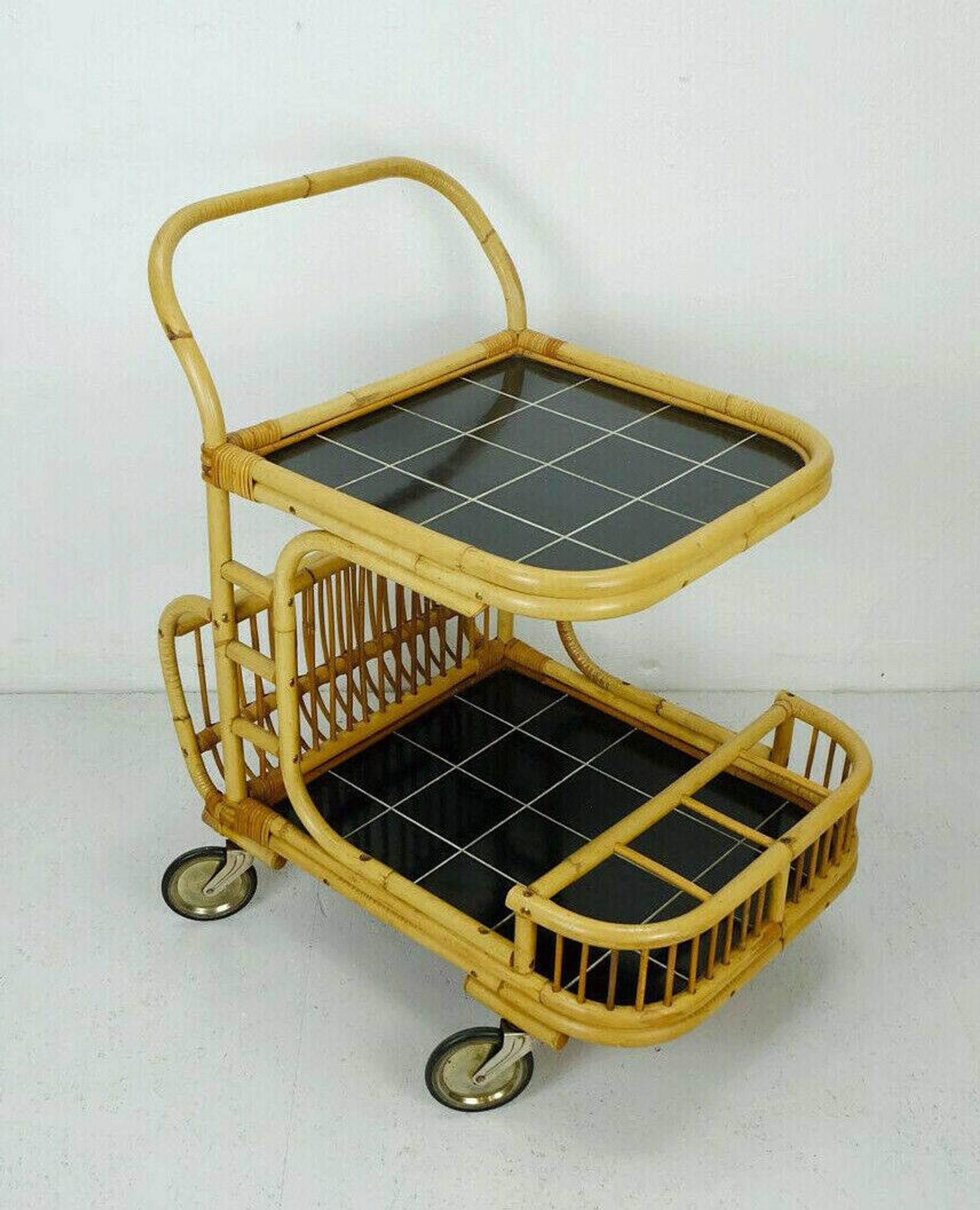 1950s mid century trolley serving cart bamboo wicker black formica