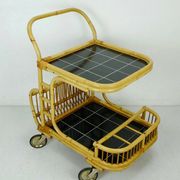 1950s mid century trolley serving cart bamboo wicker black formica