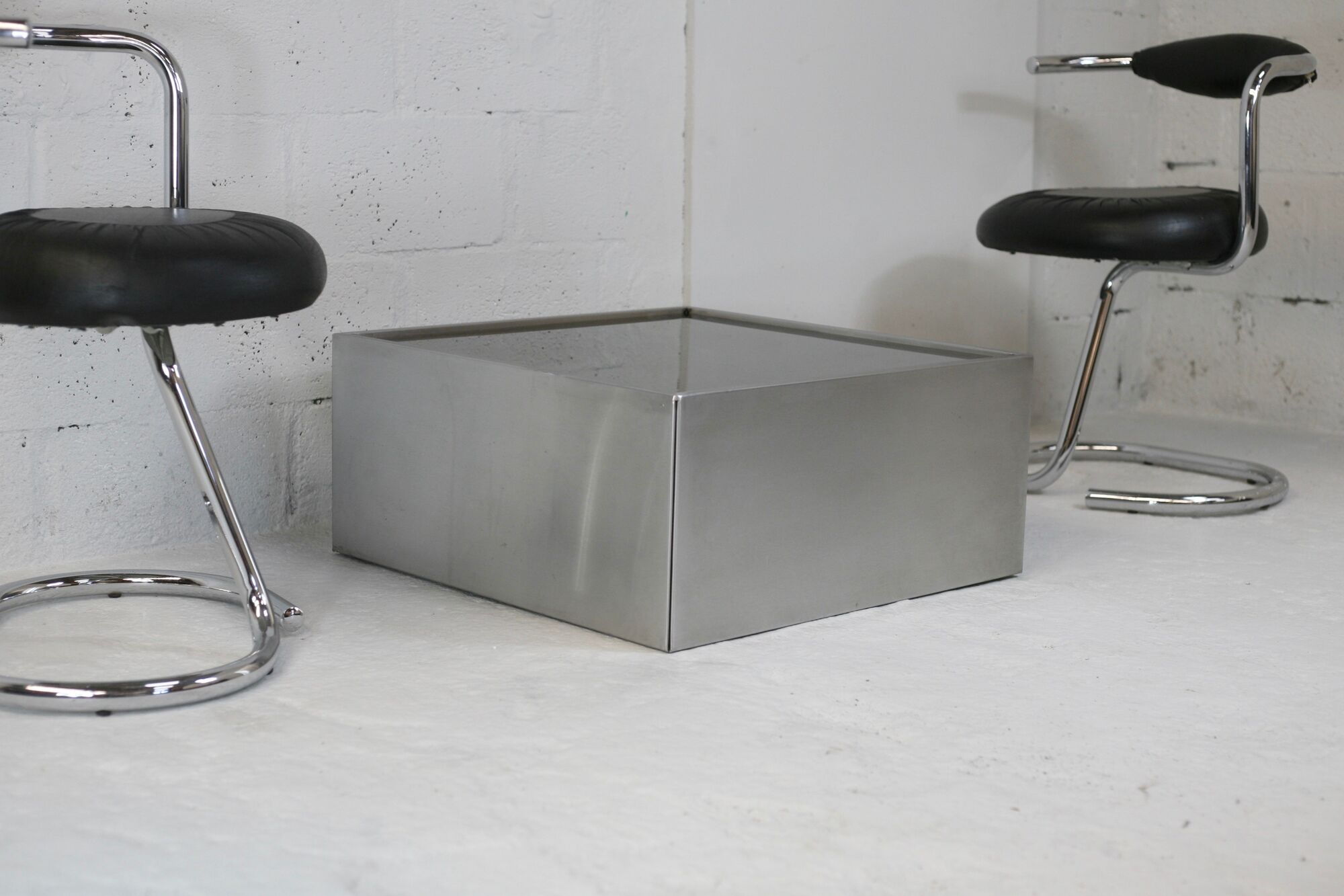 Steel coffee table and smoked glass, France, circa 1970
