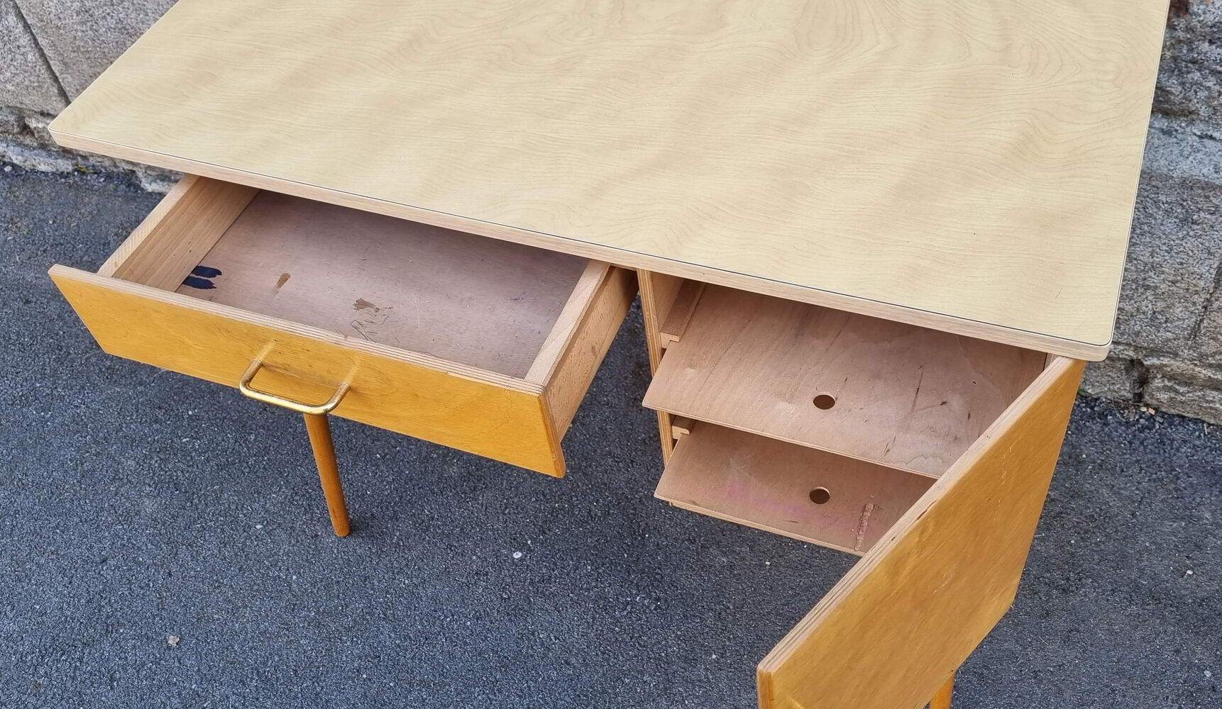 Wood and formica desk, compass feet, vintage, 70s