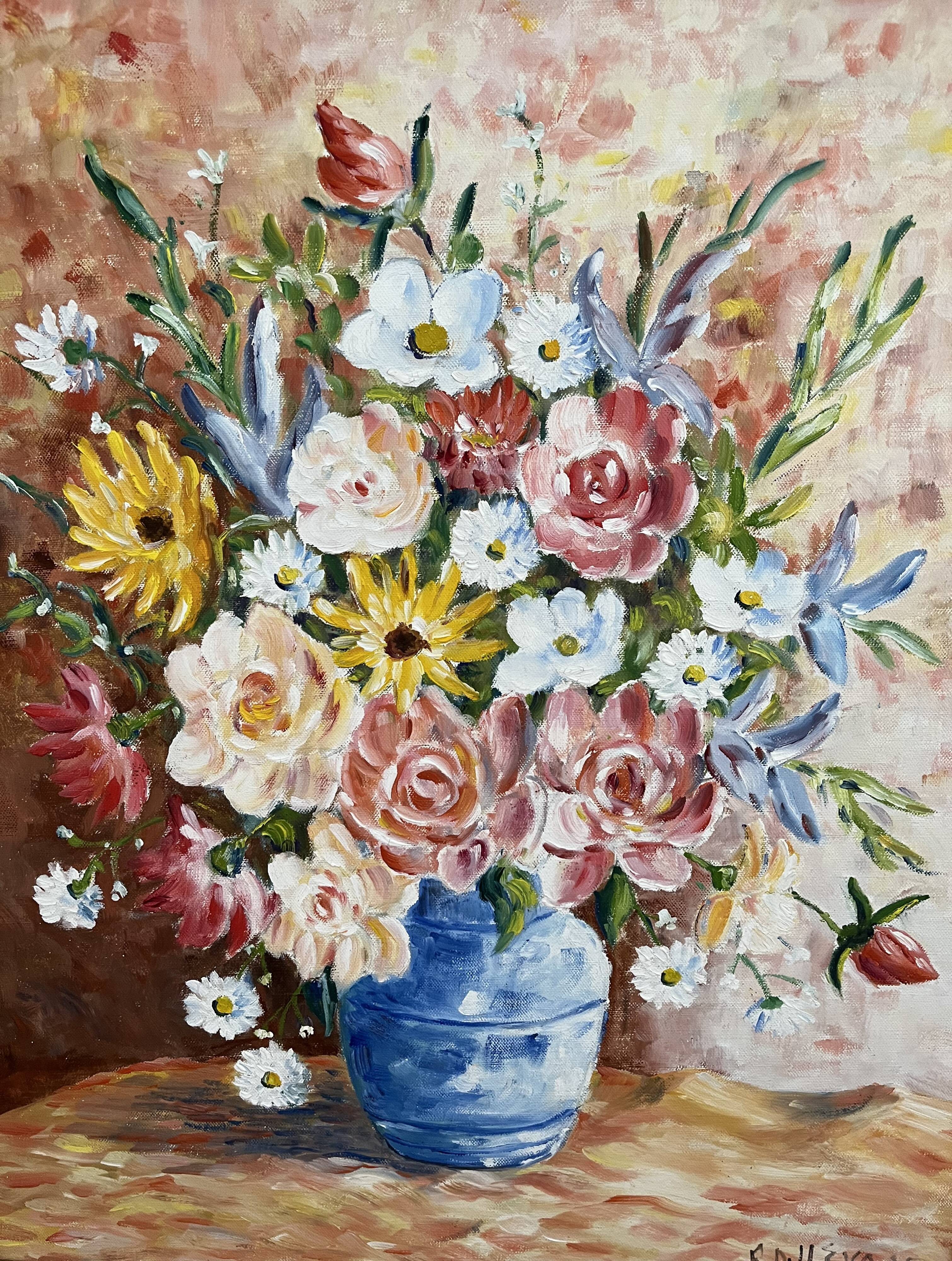 Oil on canvas, still life with bouquet of flowers