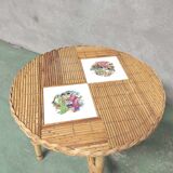 Round coffee table in japanese ceramic bamboo rattan 1960