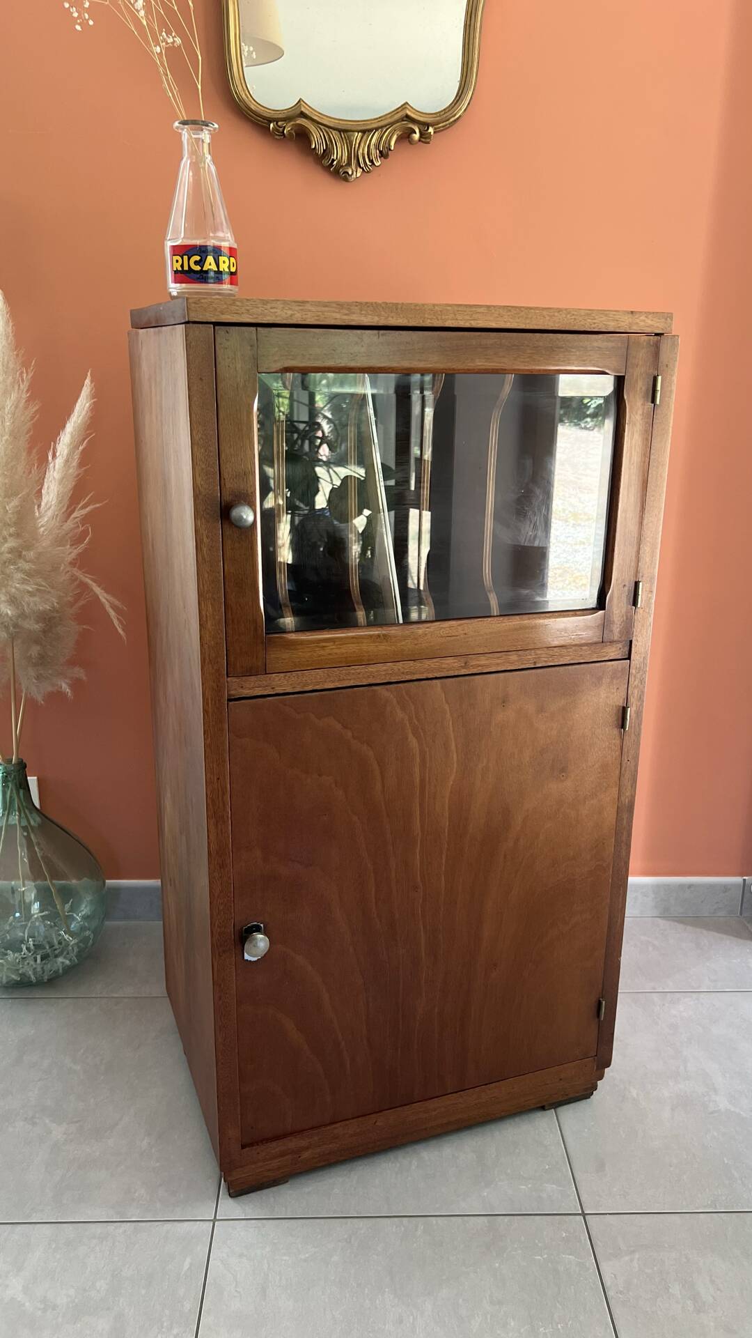 Vintage wooden furniture, vinyl storage, bookshelf, desk.